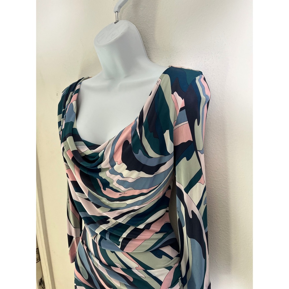 EMILIO PUCCI Draped Cowl Neck Ruched Abstract Print Long Sleeve Dress - Picture 6 of 16